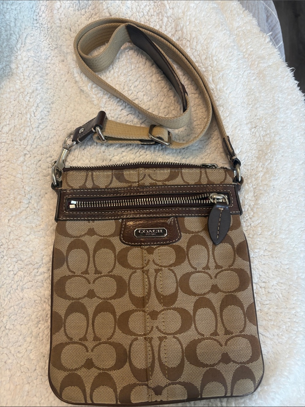 Coach Beige and Brown Signature Canvas Crossbody Bag